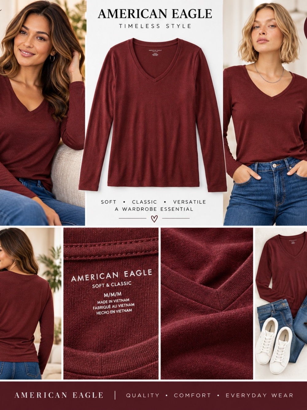 American Eagle Outfitters Women’s V‑Neck Long Sleeve Top - Burgundy